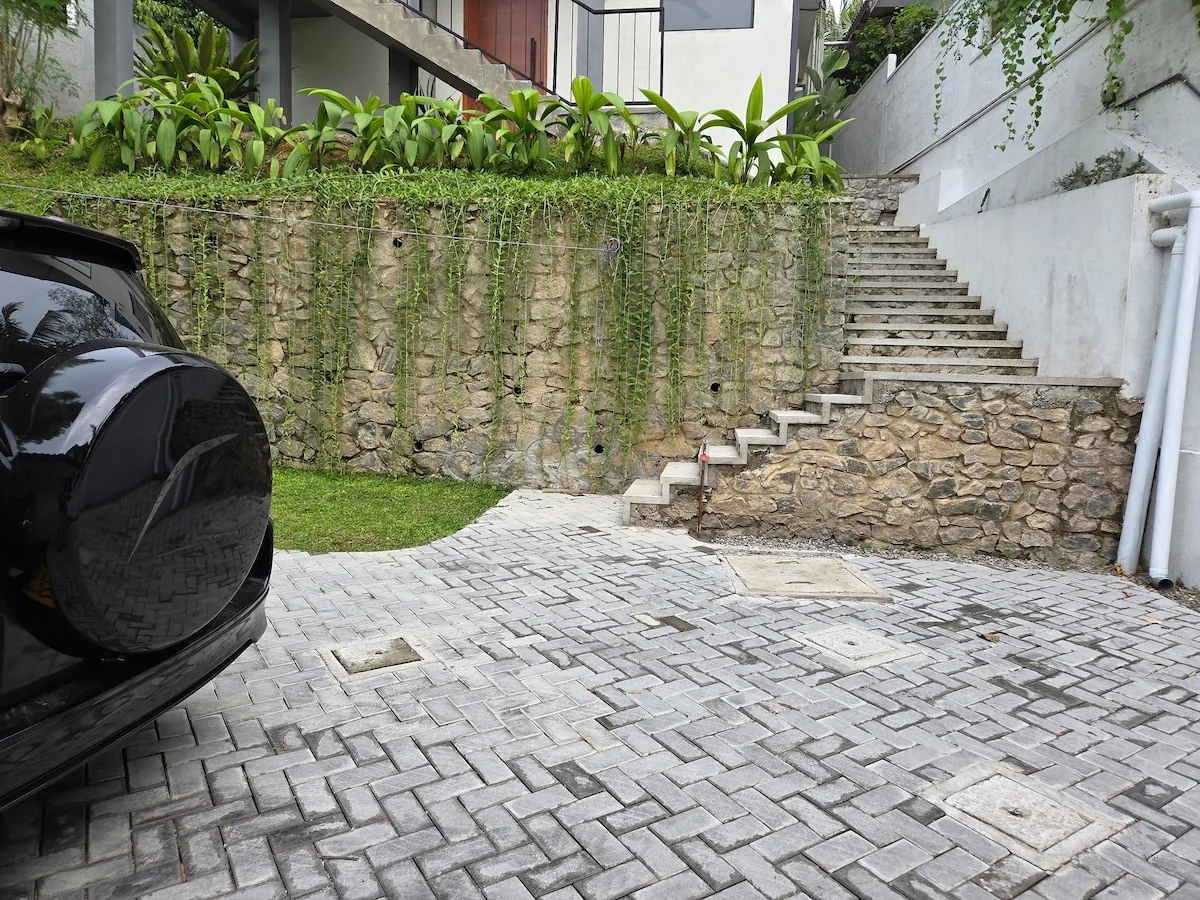 Villa driveway and exterior staircase